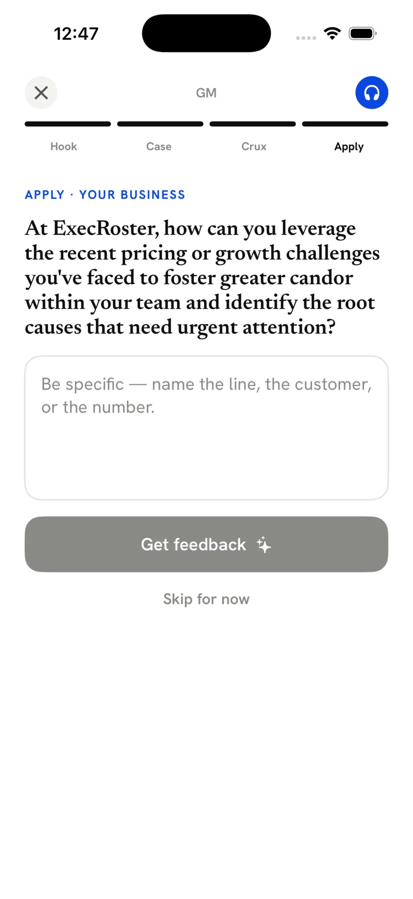 The CaseBook AI coach asking how the case applies to your own company, ExecRoster, with a reflection box and a Get feedback button.