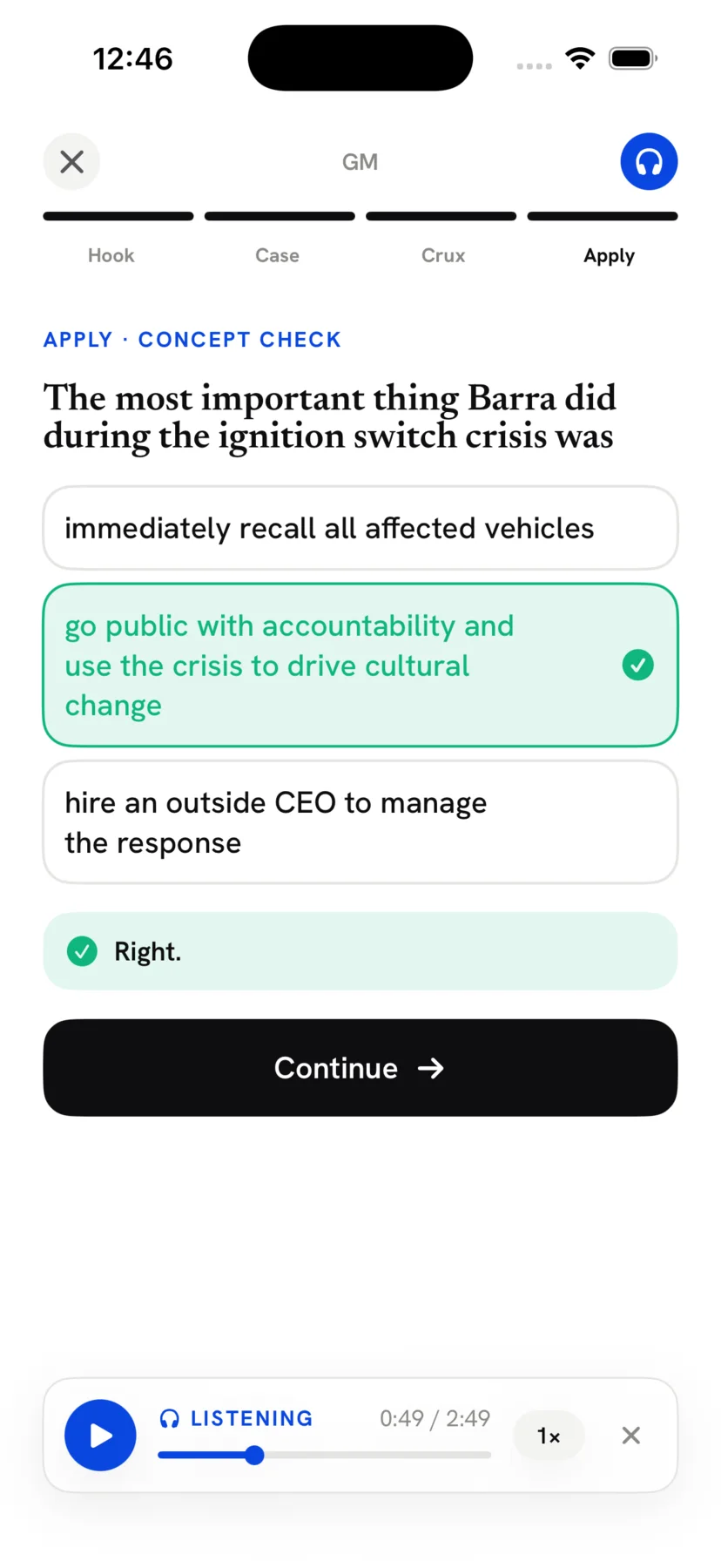 The Apply concept-check screen with a multiple-choice question answered correctly and a Continue button.