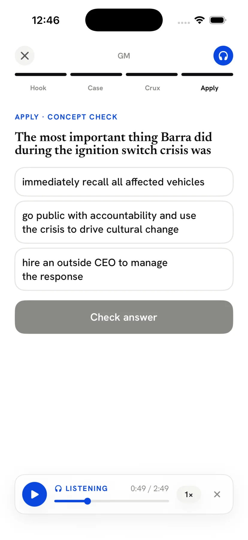 The Apply concept-check screen with a multiple-choice question, a Check answer button, and an audio player.