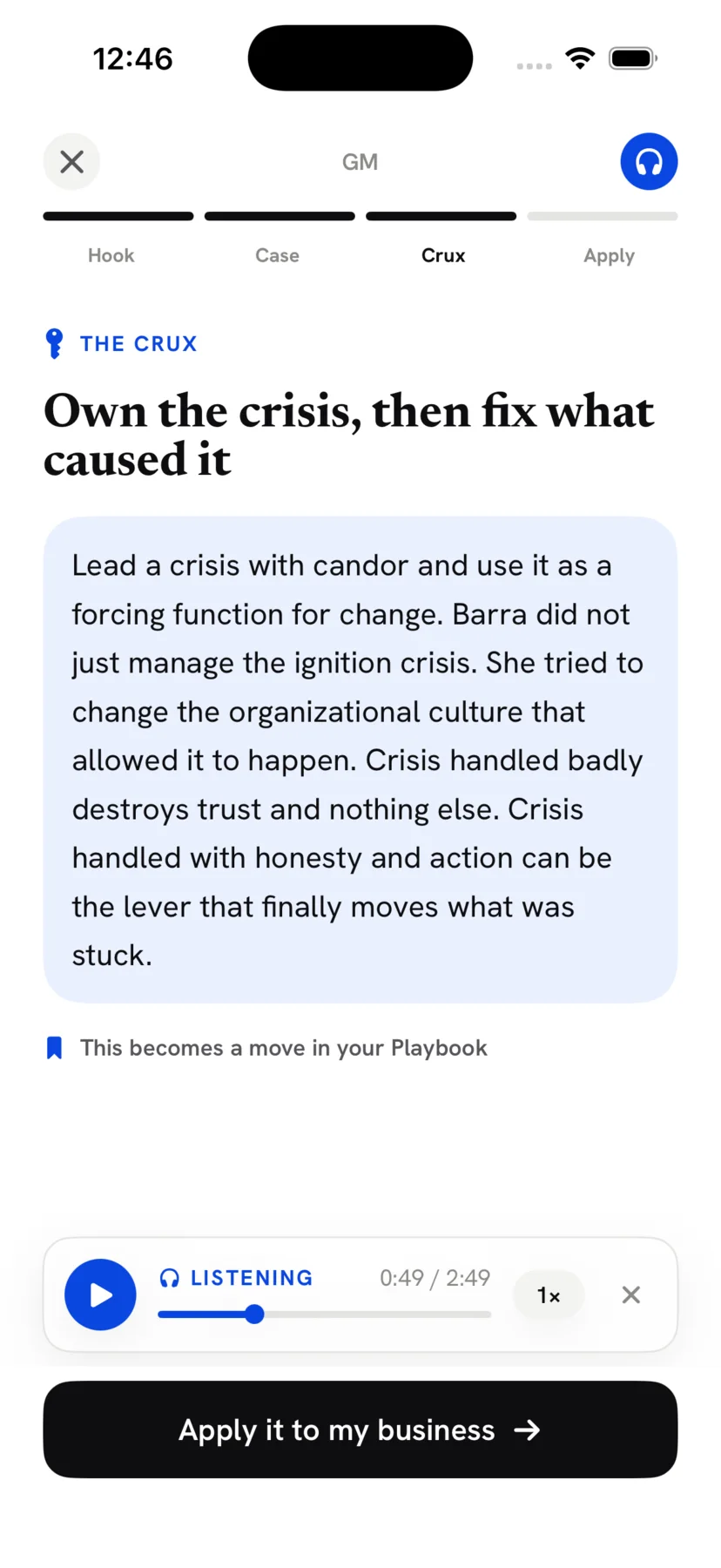 The Crux screen naming the lesson plainly, with a note that it becomes a move in your Playbook and an Apply it to my business button.