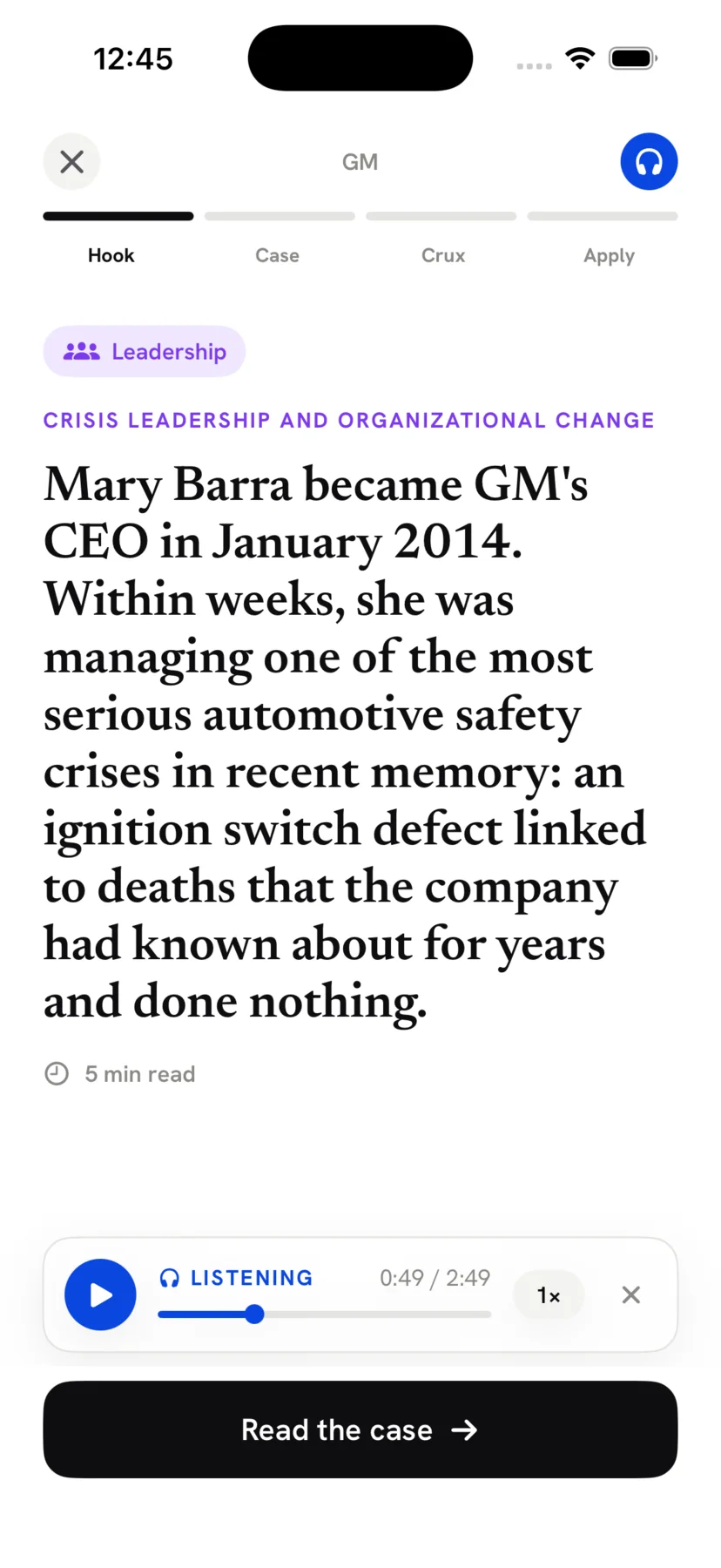 The Hook screen of a CaseBook case: a short, serif story setup about Mary Barra and GM, with audio narration and a Read the case button.