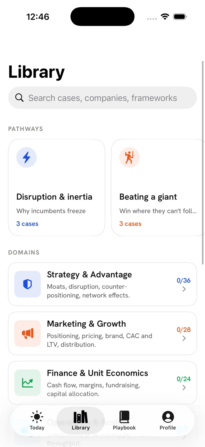 The CaseBook library: a search bar, curated pathways like Disruption and inertia, and domains such as Strategy, Marketing, and Finance with progress counts.
