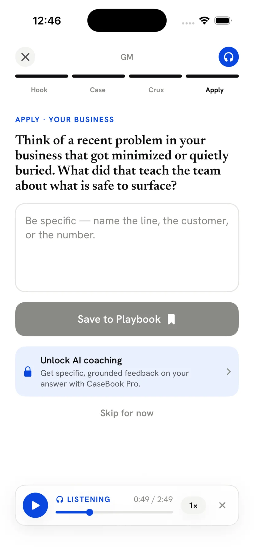 A CaseBook reflection prompt tied to your business, with a Save to Playbook button and an Unlock AI coaching option for CaseBook Pro.
