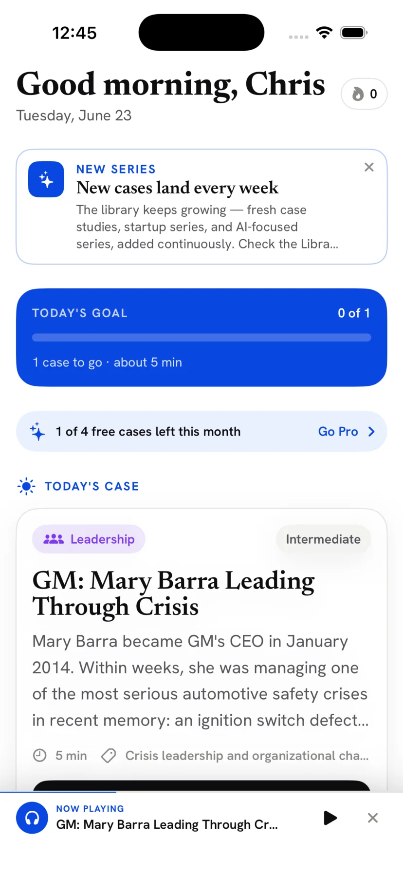 The CaseBook app showing today's daily case, a learning streak goal, and the Mary Barra leadership case ready to read.